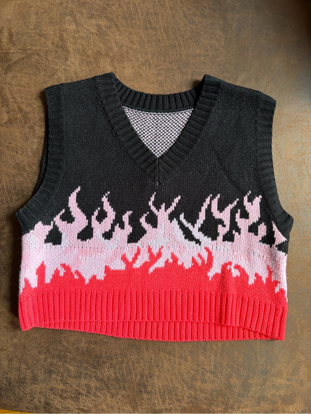 Black Knit Flame Sweater Vest with Pink and Red Detail